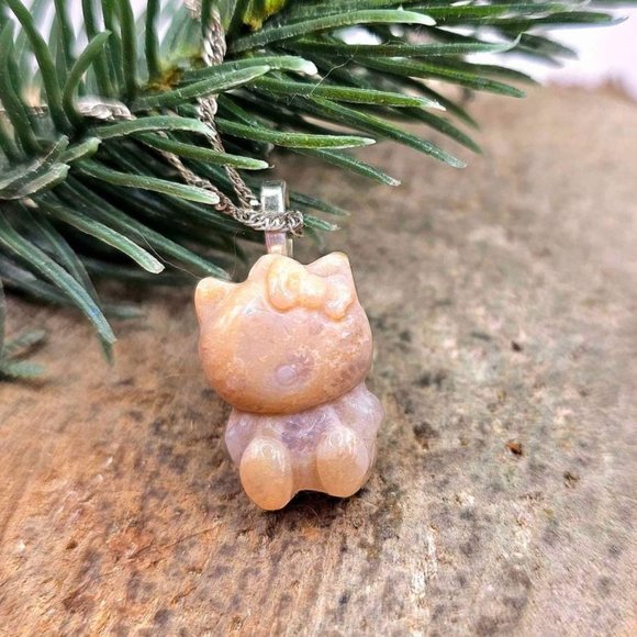 Nature Chrysanthemum Coral Stone Carved Hello Kitty Pendant Necklace - Picture 4 of 10